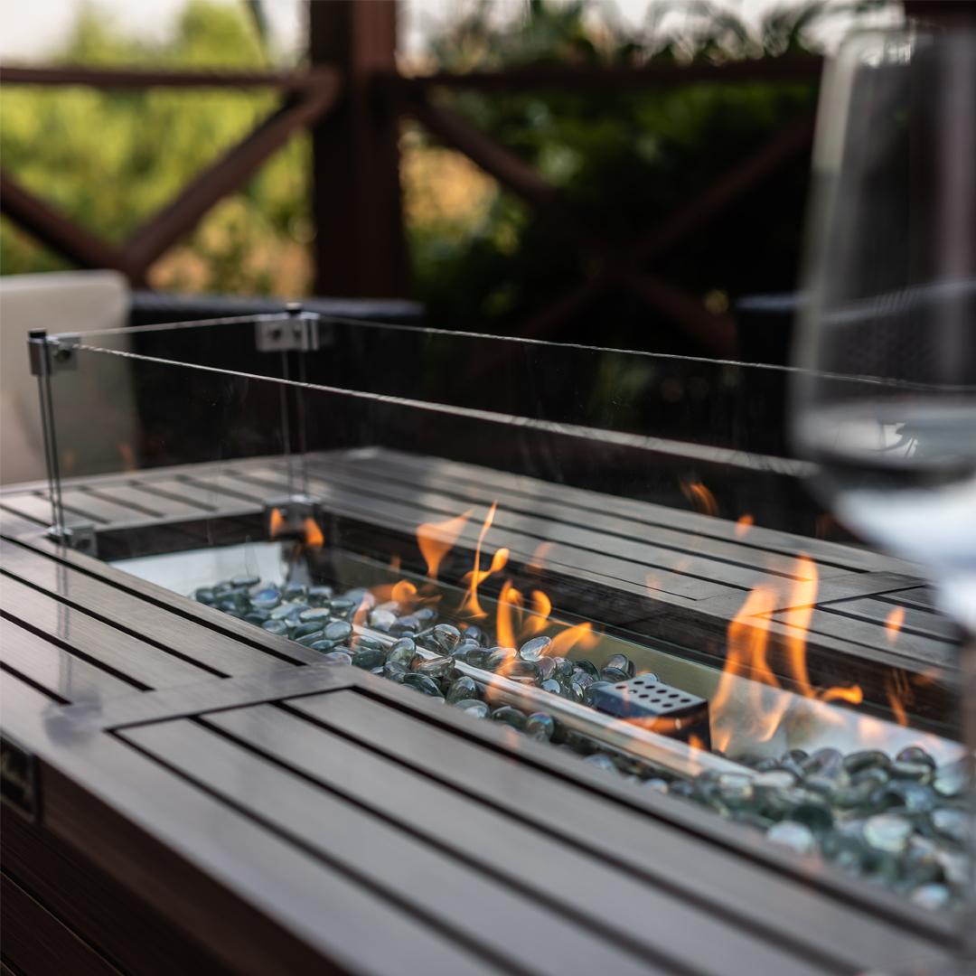 57IN Aluminum Rectangular Fire Table with Glass Wind Guard, Nature Wood Coating