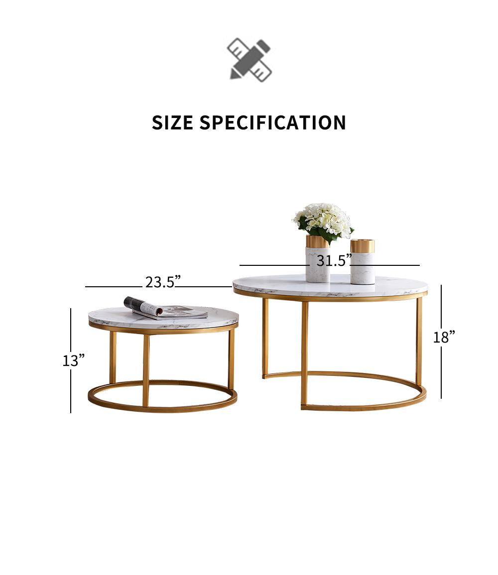 Modern Nesting coffee table,golden metal frame with marble color top-31.5"