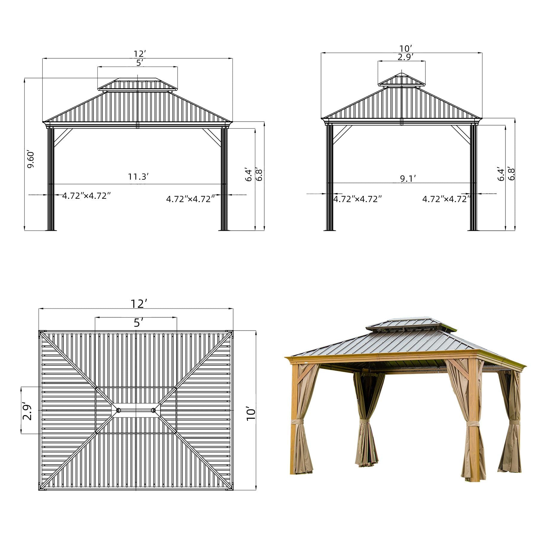 Domi Hardtop Gazebo Outdoor Aluminum Roof Canopy With Mosquito Netting and Curtains