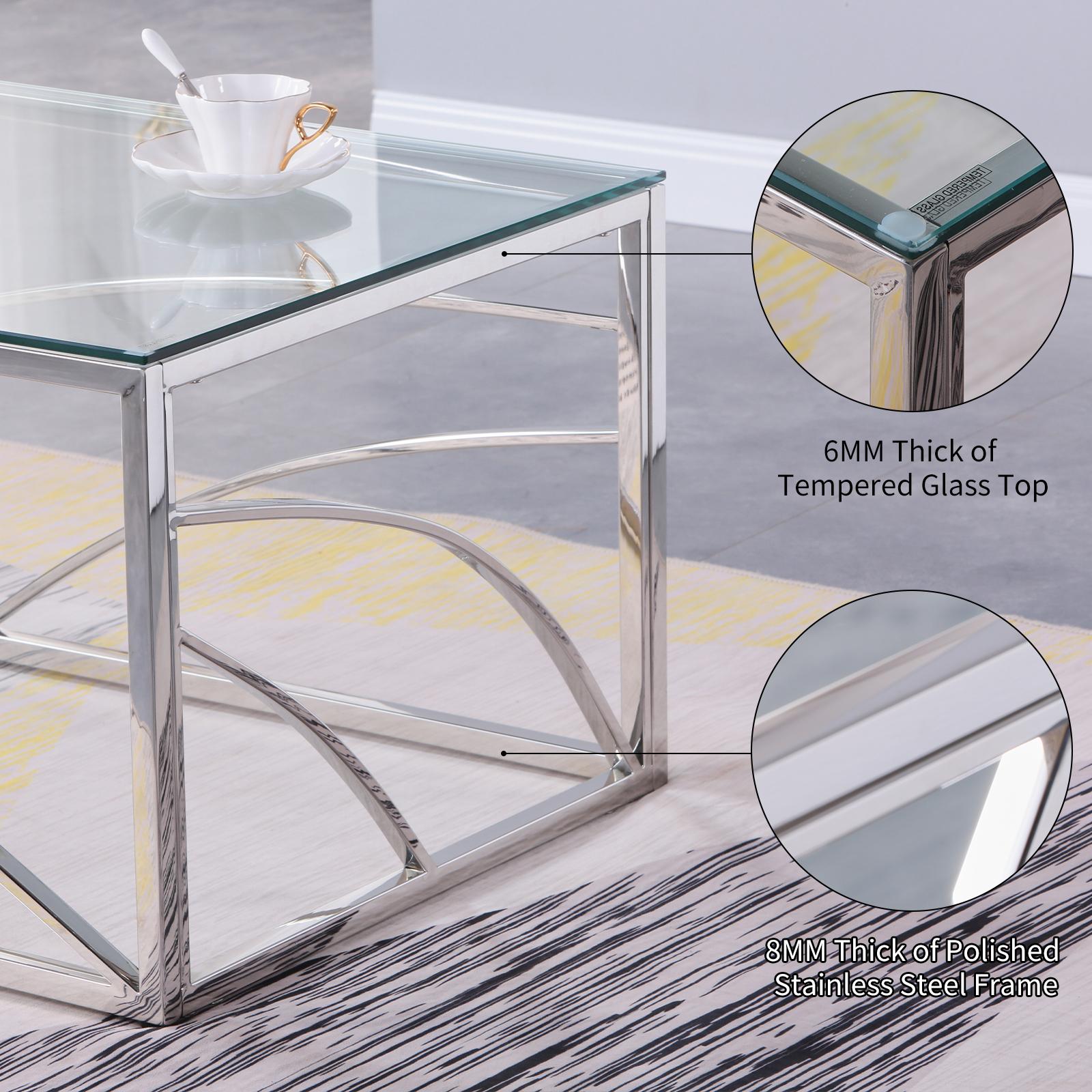 Stainless Steel Rectangular Accent Glass Coffee Table for Living Room- 46.8" Modern Sleek Center Tab